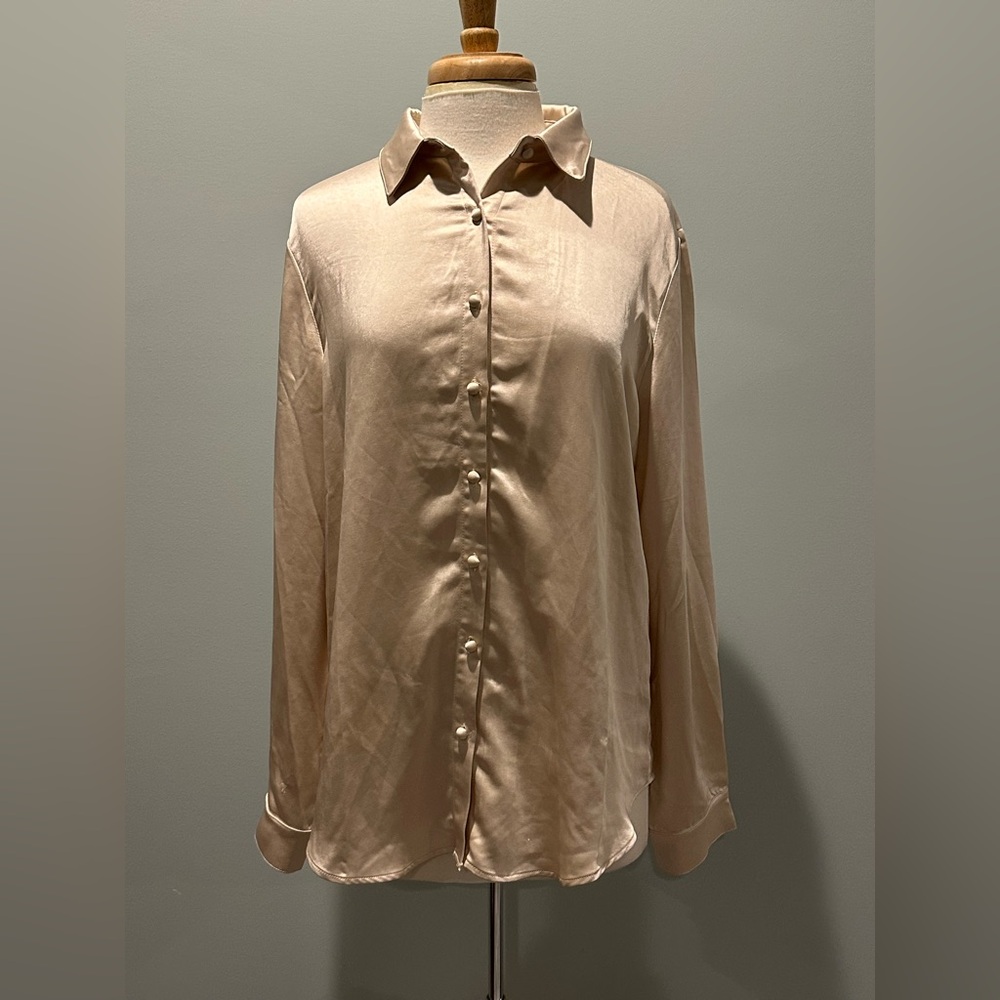 Princess Polly Vintage Vibes Satin Champag button up long sleevee shirt Size 10